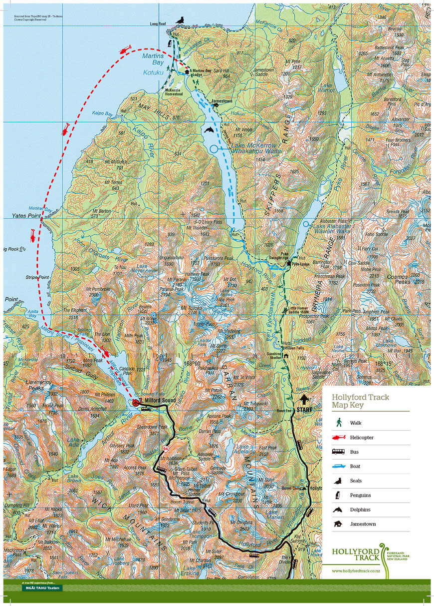 hollyford track-哈理福德步到健行路线示意图.步道高度图.